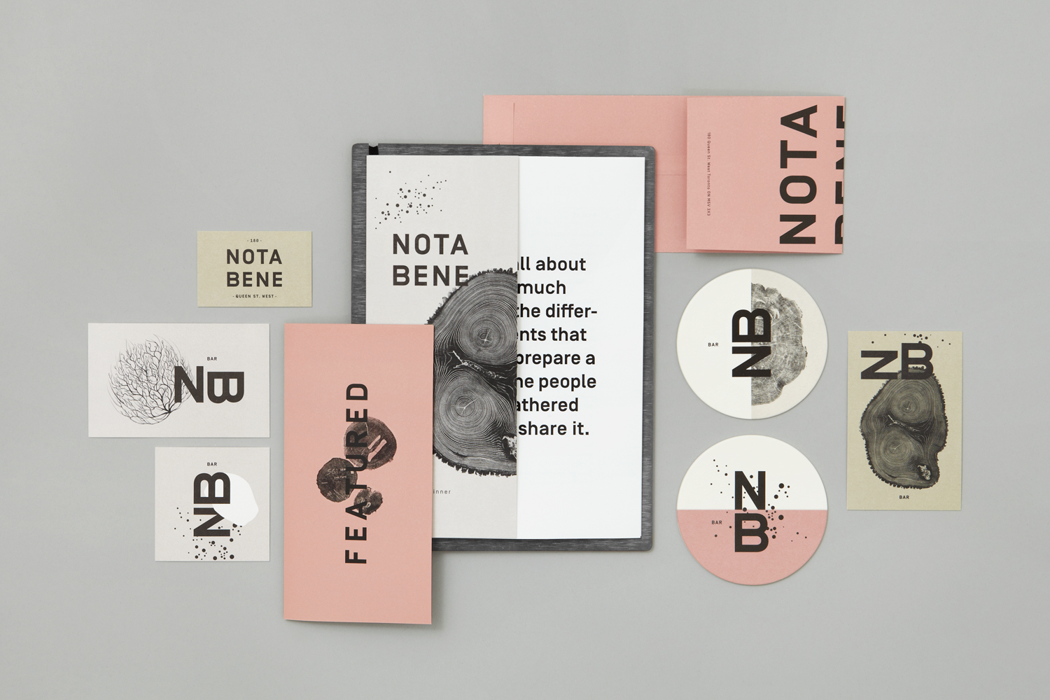 Brand identity, stationery, menus, postcards and business cards for Toronto restaurant Nota Bene by graphic design studio Blok, Canada