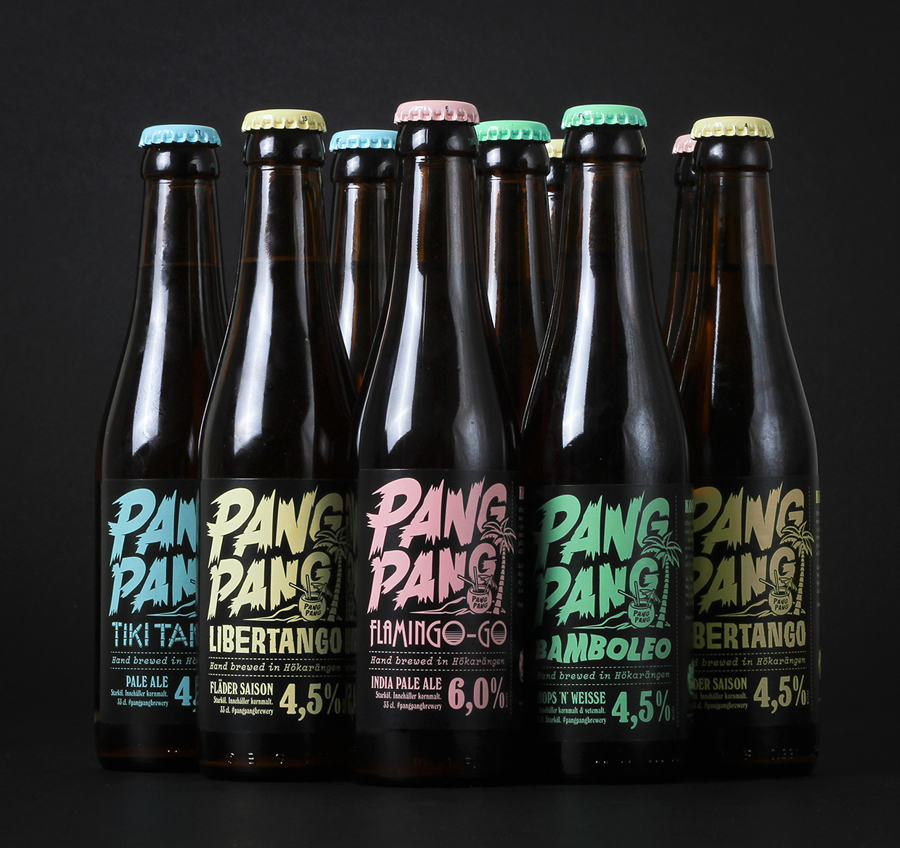 Packaging with custom lettering designed by Swedish design company Snask for microbrewery PangPang's 2014 summer beers