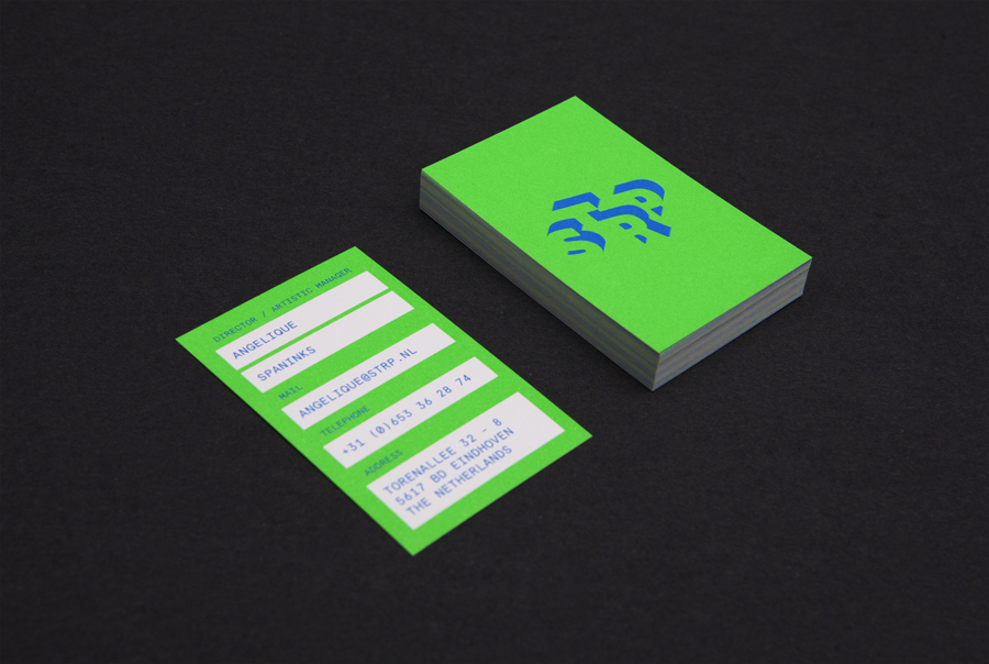 Green fluorescent business cards by graphic design studio Raw Color for Dutch art, technology and experimental pop culture festival STRP 2015.