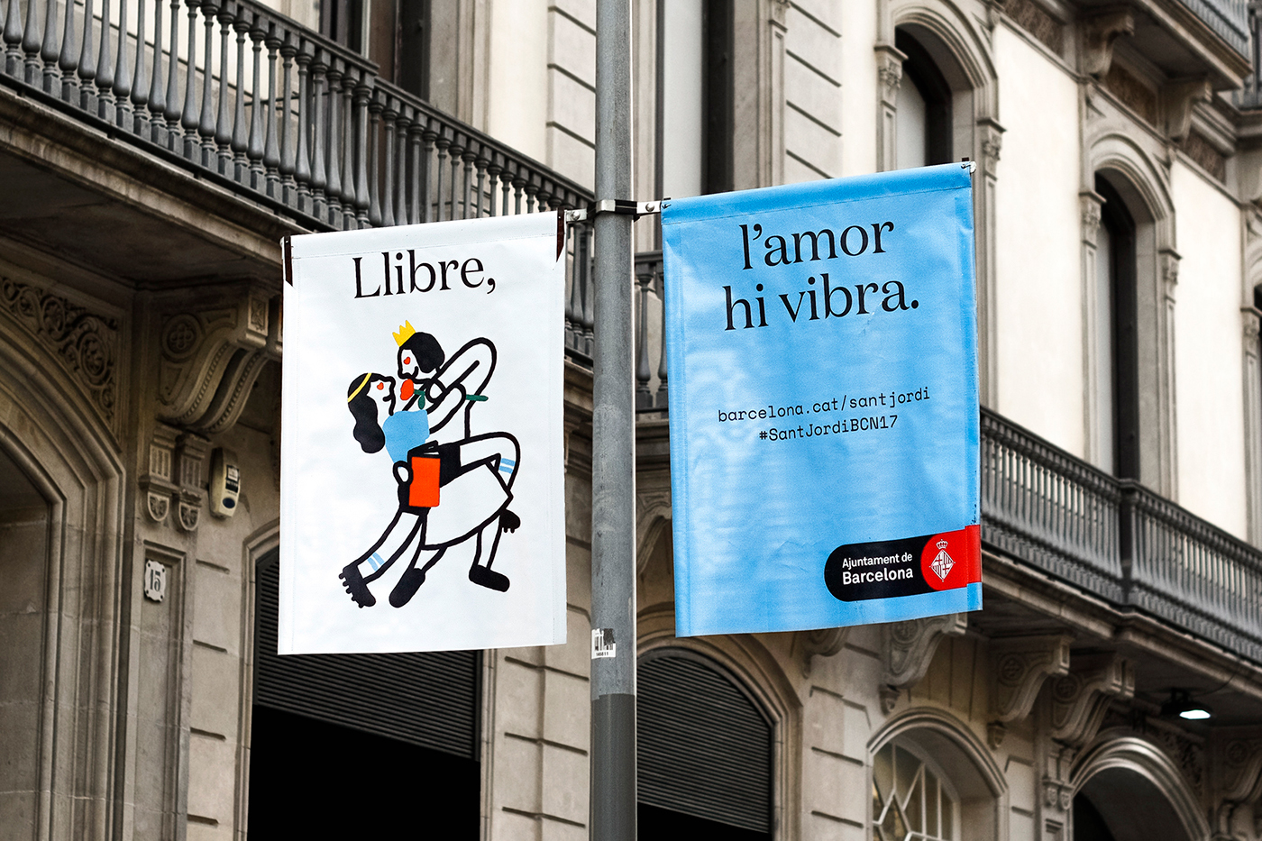 Flags designed by Requena featuring illustration by Olga Capdevila for Sant Jordi Festival 2017