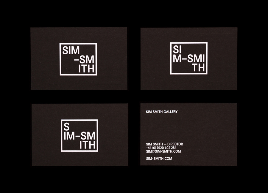 Logo and business cards with black board and white ink detail designed by Spin for British contemporary art gallery Sim Smith