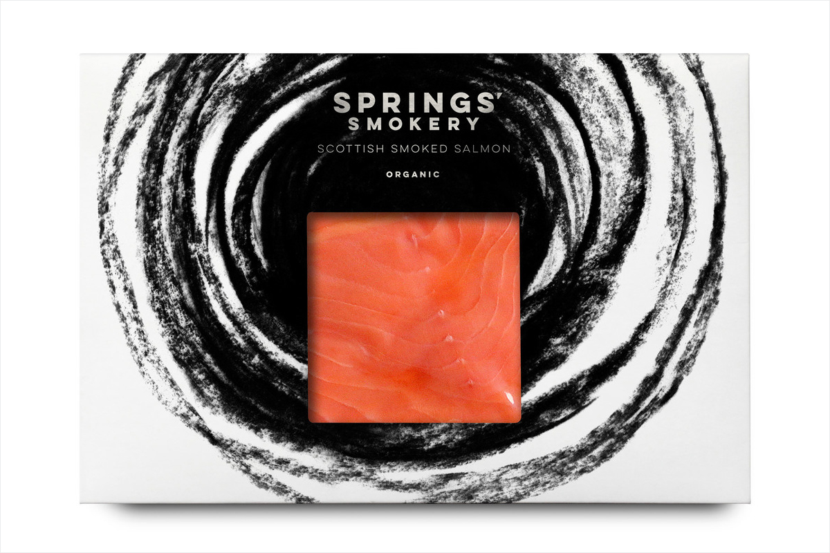 Package design for premium smoked salmon producer Springs' Smokery by graphic design studio Distil