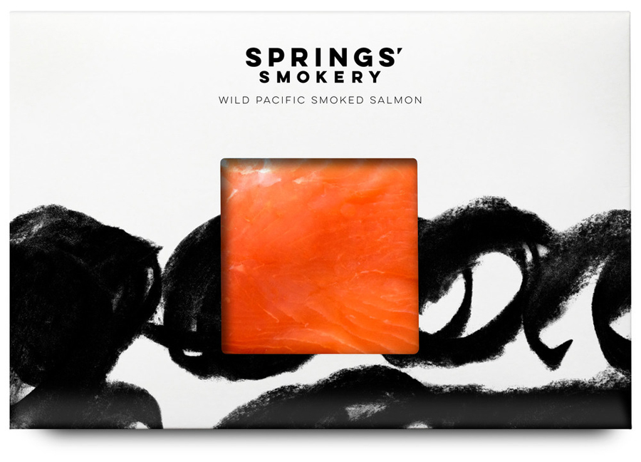 Package design for premium smoked salmon producer Springs' Smokery by graphic design studio Distil