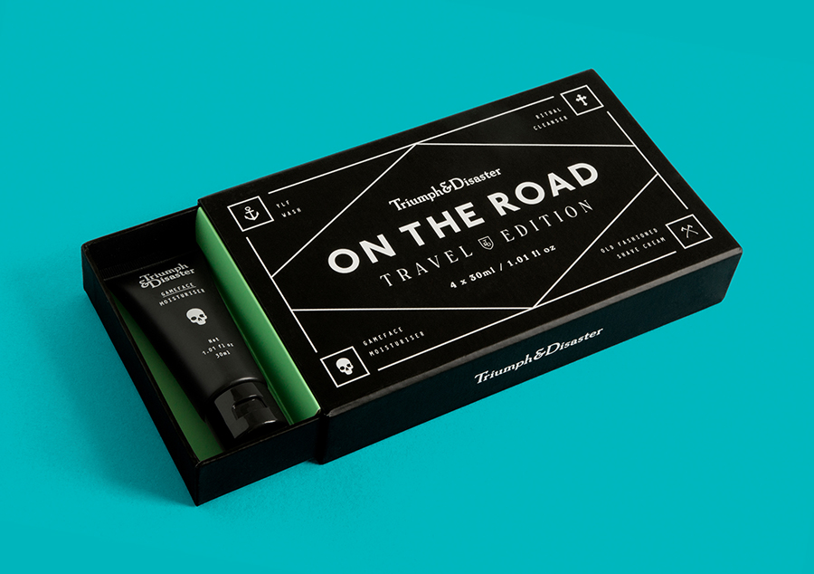 Package design for Triumph & Disaster male grooming range On The Road by DDMMYY