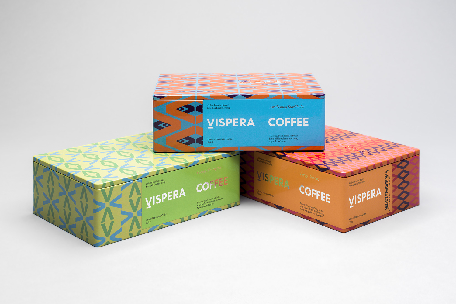 Packaging created by Stockholm Design Lab for Víspera Coffee, a range of 100% Arabica beans sourced from the high altitude plantations of Columbia.