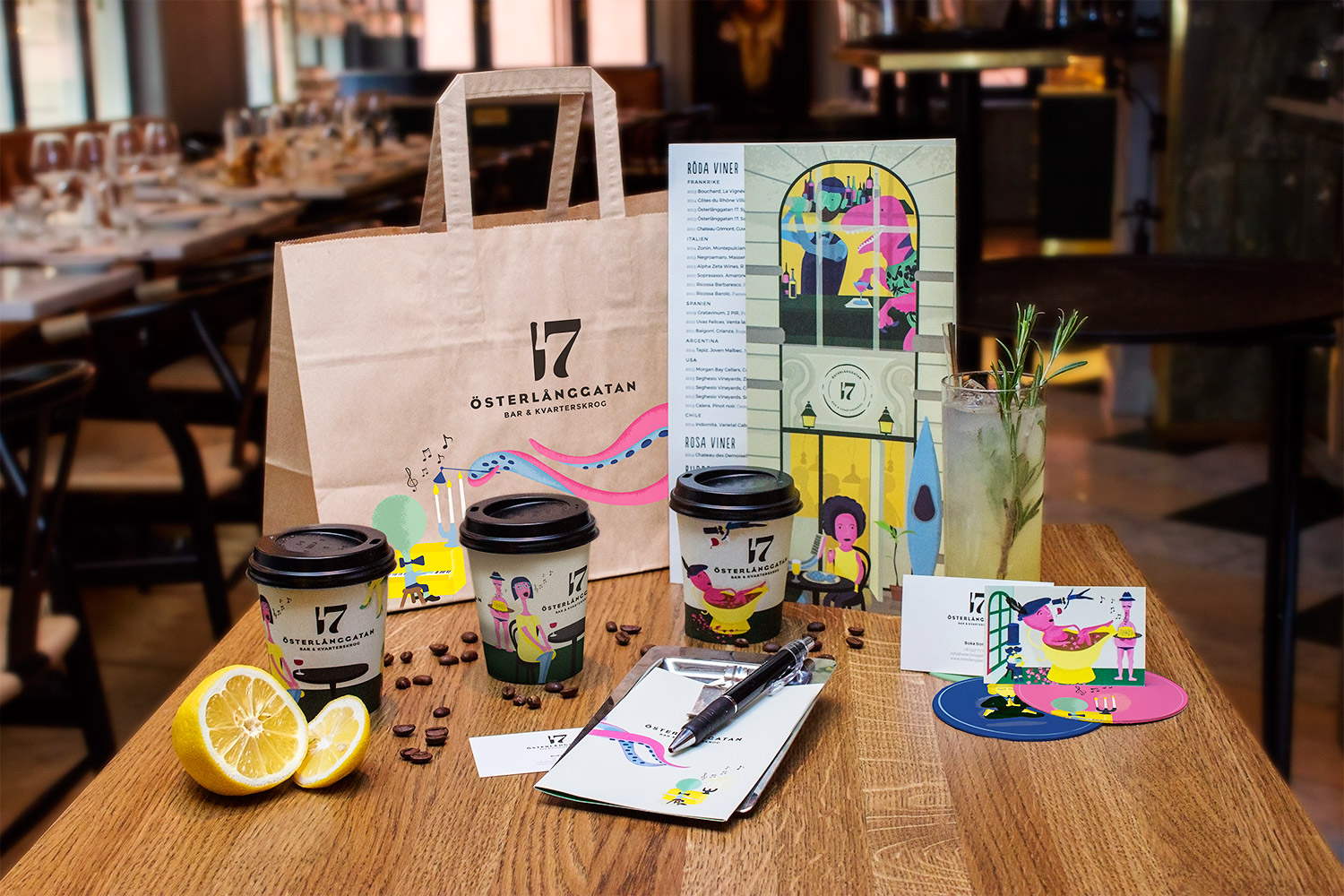 Brand identity, bags, menus and coffee cups for Stockholm restaurant Österlånggatan 17 by Lobby Design