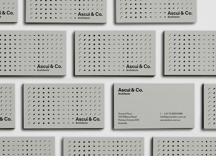 Architecture business card with grey board and black foil detail by Grosz Co. Lab for Ascui & Co.
