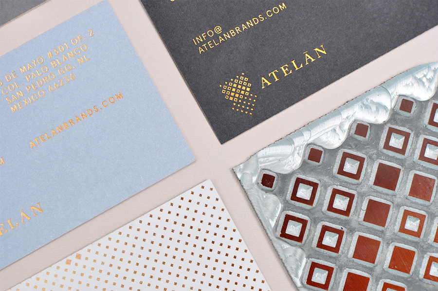 Business cards with copper foil detail by Firmalt for Atelán, a champion of local and international fashion brands in Latin America