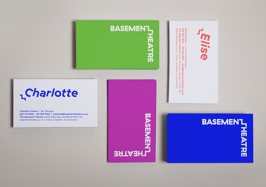 Business cards with fluorescent ink for Basement Theatre by graphic design agency Studio Alexander