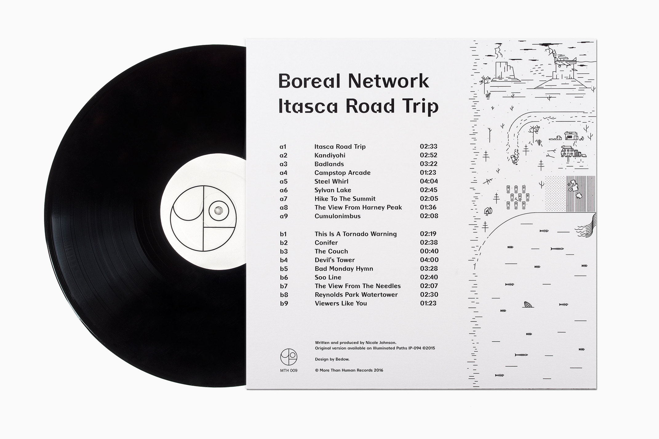 Illustrated record sleeve for Itasca Road Trip by Boreal Network, designed by Bedow, Sweden