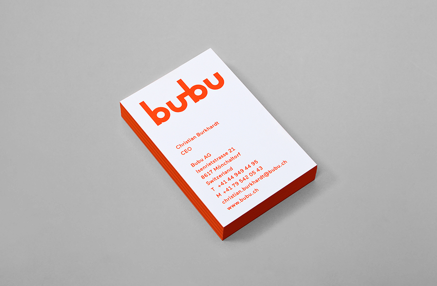 Edge painted business cards for Swiss binding specialists Bubu by graphic design studio Bob Design