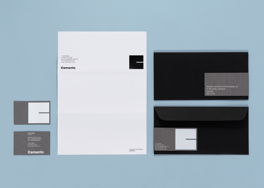 Logo and stationery with white ink detail designed by S-T for UK based Italian cement veneer business Cemento