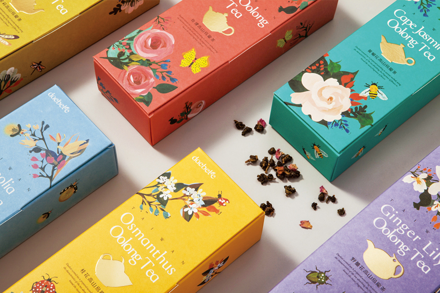 Tea packaging design with gold foil print finish by Victor Design for Daebeté