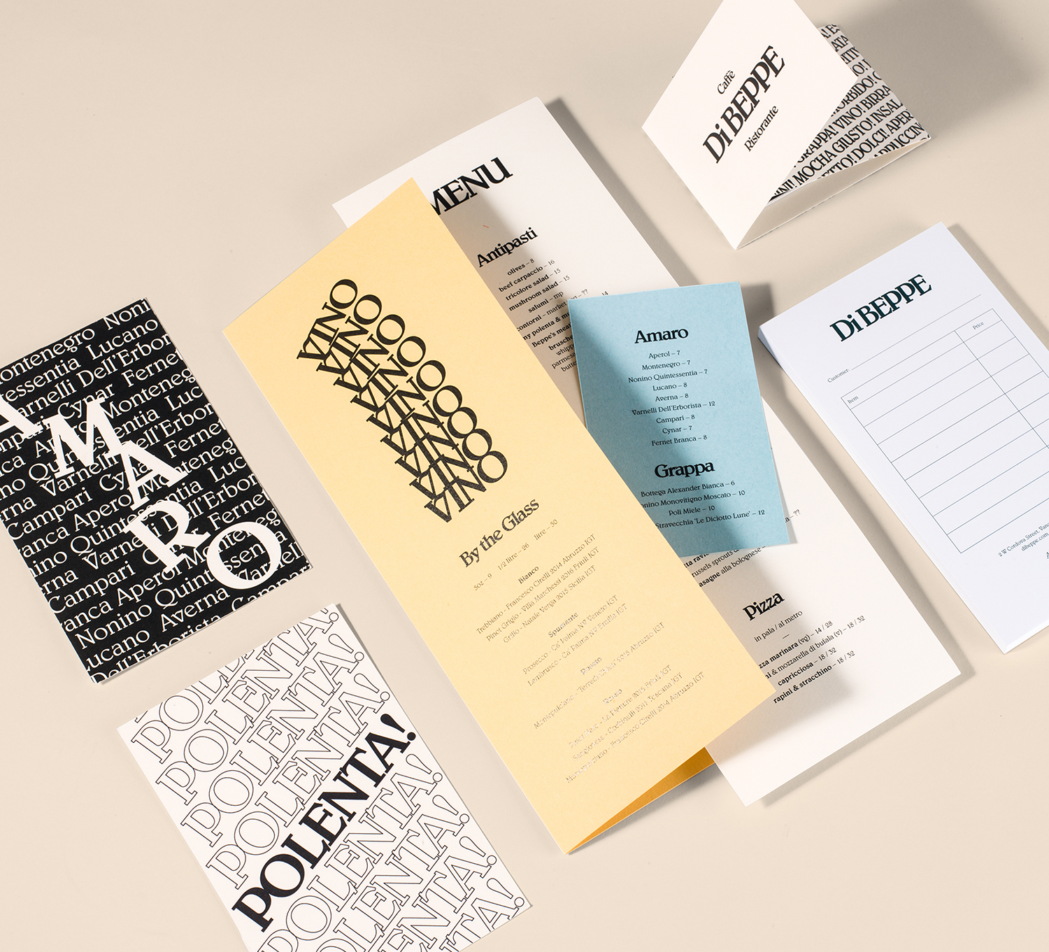 Logo, menu, gift card and postcard design by Glasfurd & Walker for Italian care and restaurant Di Beppe
