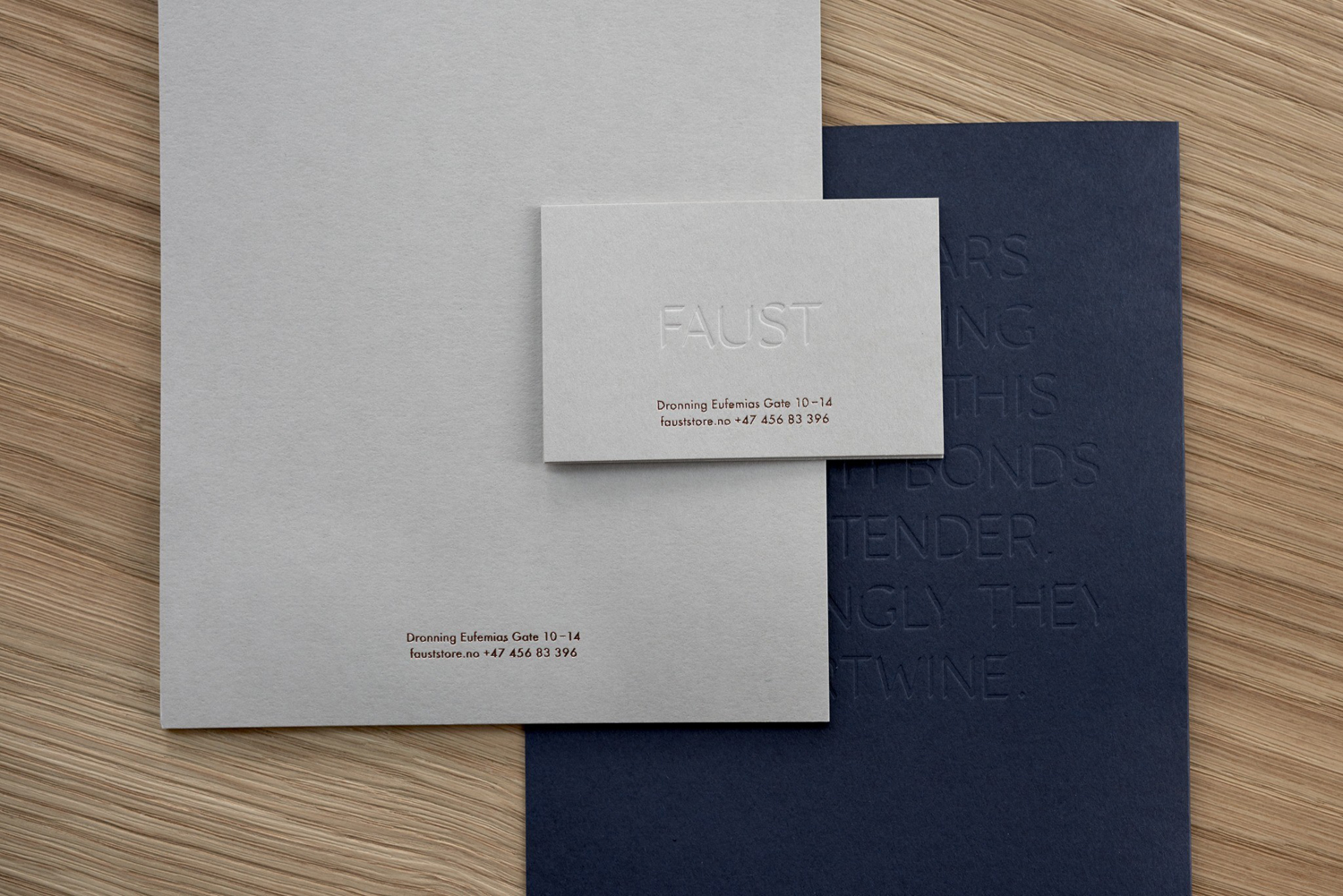 Blind debossed business cards for shore designer, maker and retailer Faust by Snøhetta, Norway