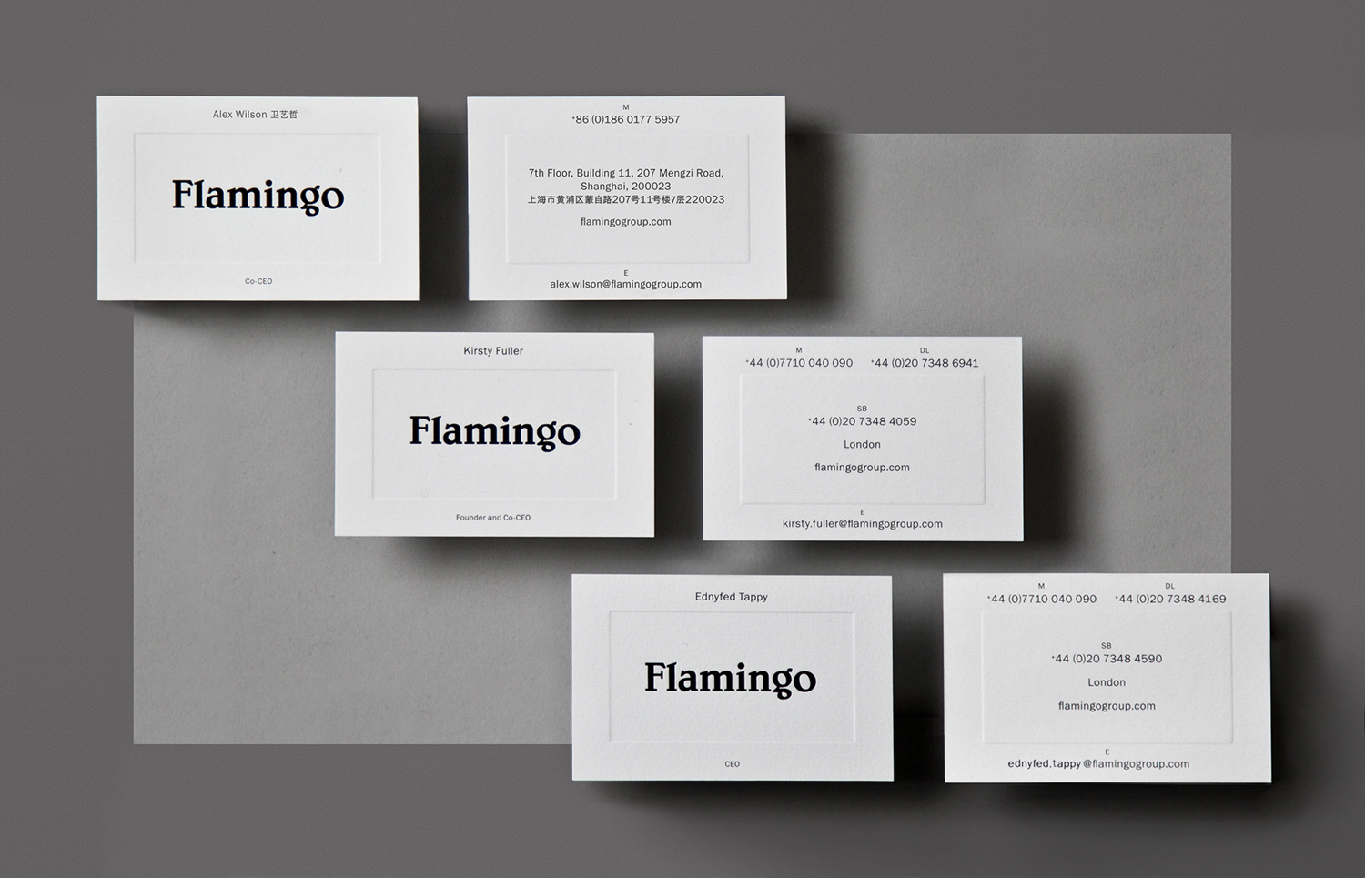 Brand Identity and blind embossed business cards for Flamingo by Bibliotheque, United Kingdom
