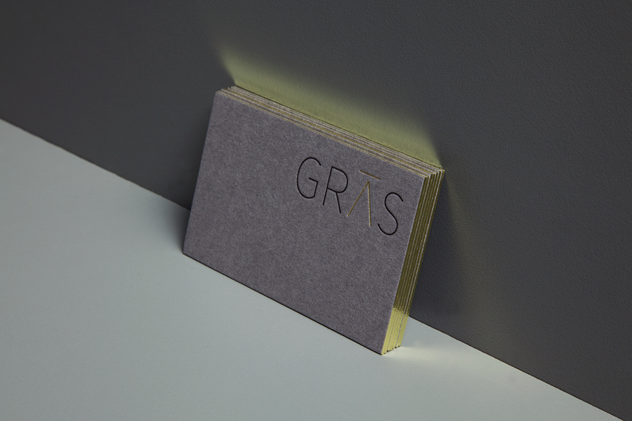 Gold foil edge painted business cards for Edinburgh based experimental architecture studio Gras designed by Graphical House