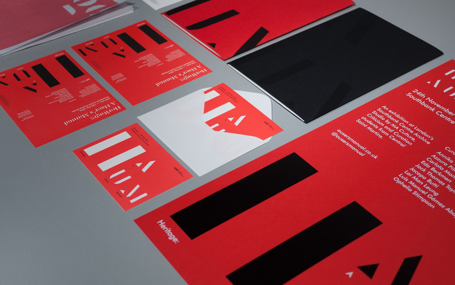 Brand identity and print communication by Bond for Heritage: A User's Manual, an exhibition in London's Southbank Centre