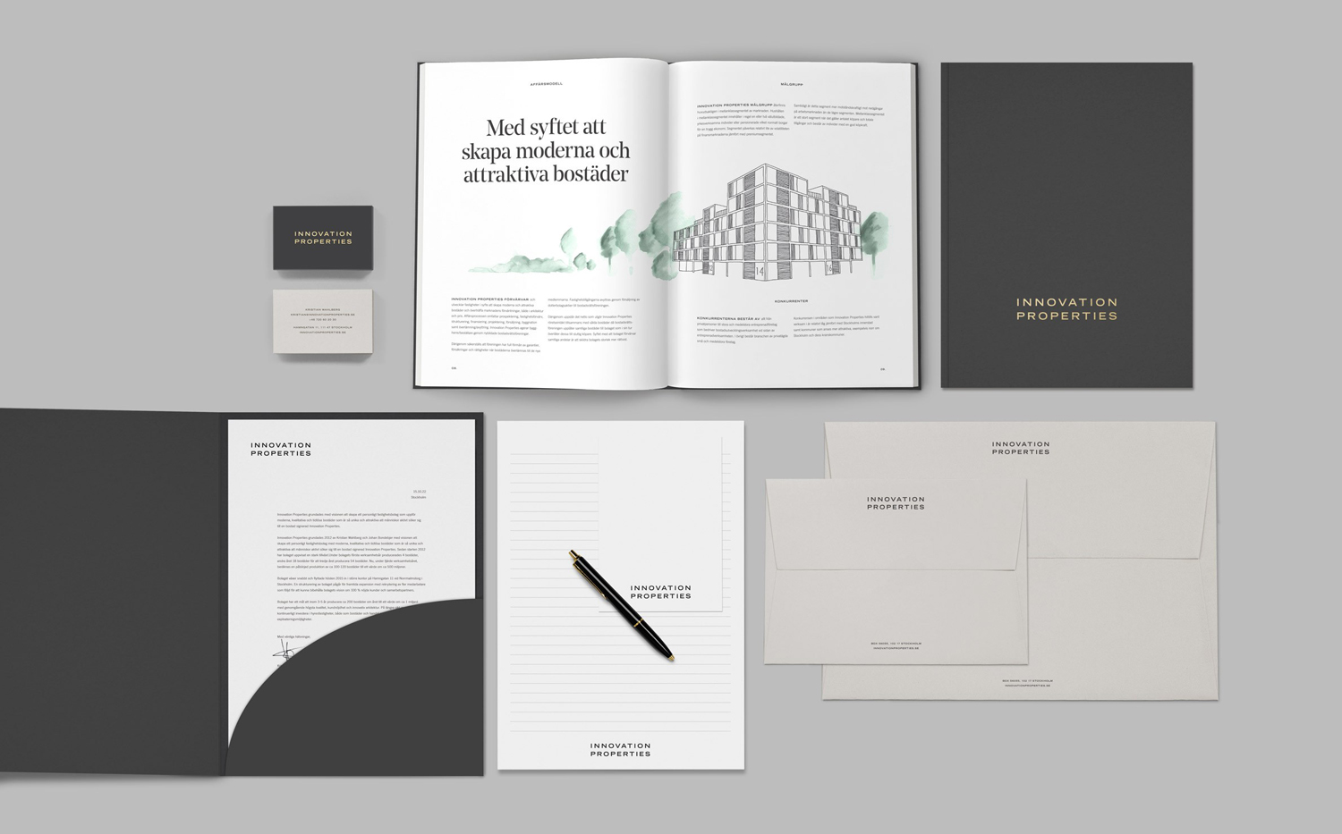 Branding and stationery with gold block foil print finish for Scandinavian developer Innovation Properties by 25AH