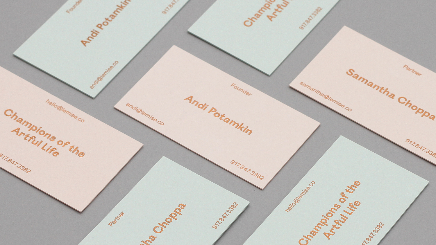Brand identity and pastel coloured paper and coper block foil business cards for Brooklyn based art and design advisory business LeMise by DIA