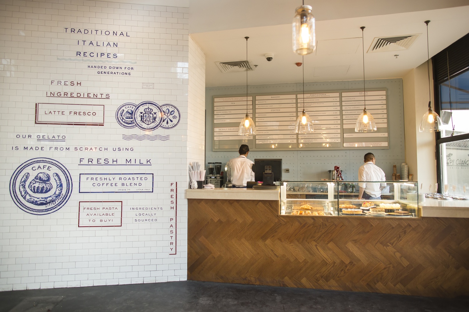 Branding and interior graphics by British studio Here Design for Amman-based restaurant Little Italy