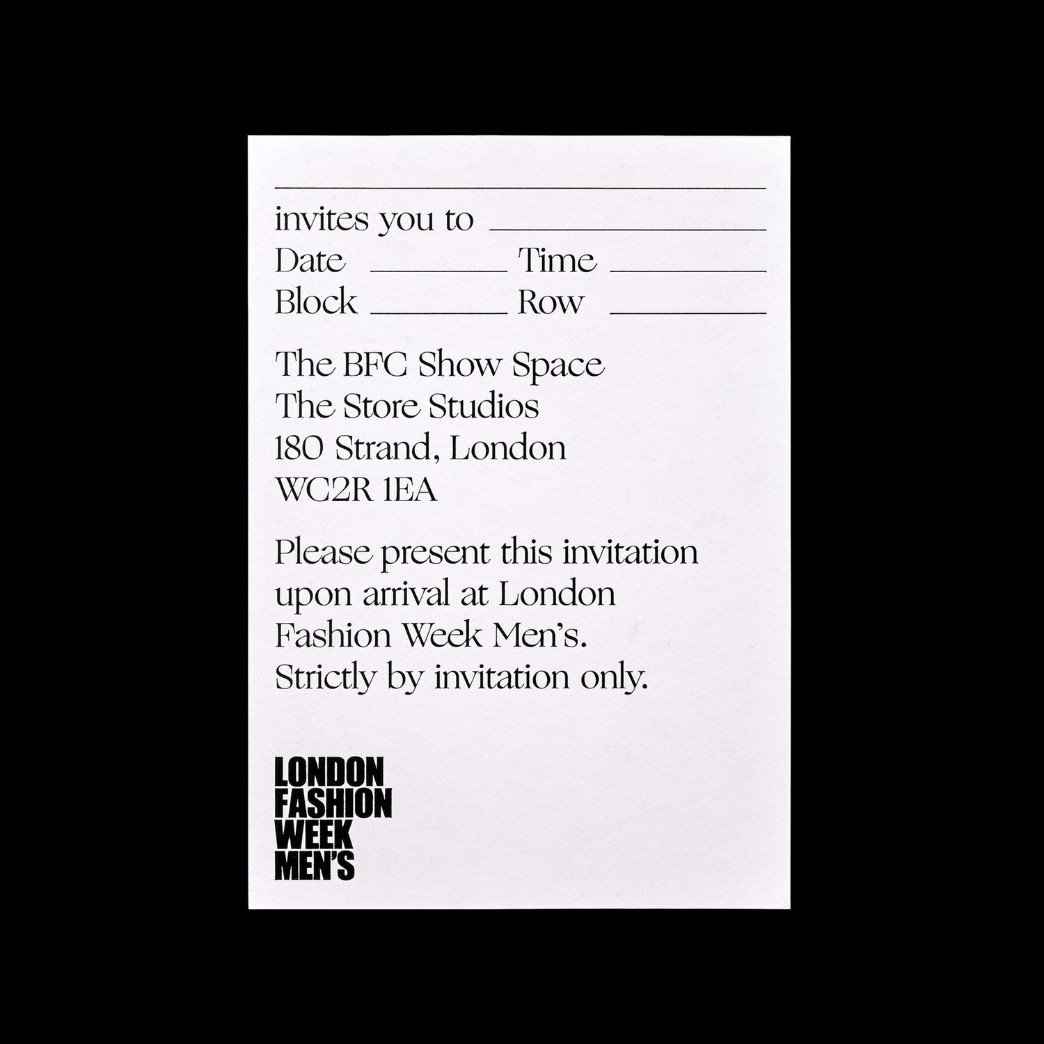 Graphic identity and invitation for London Fashion Week Men's by Pentagram
