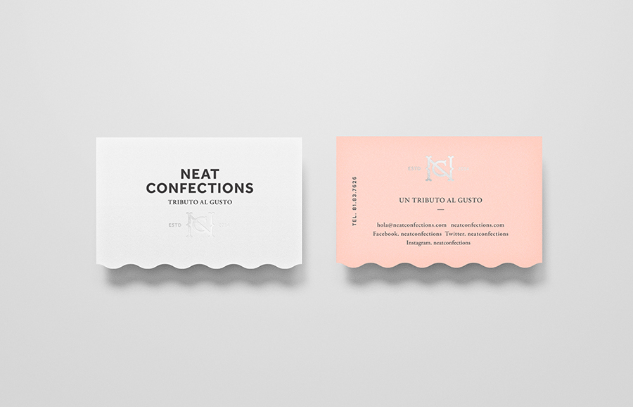 Logo and die cut and silver foil business cards designed by Anagrama for Mexican brand Neat Confections