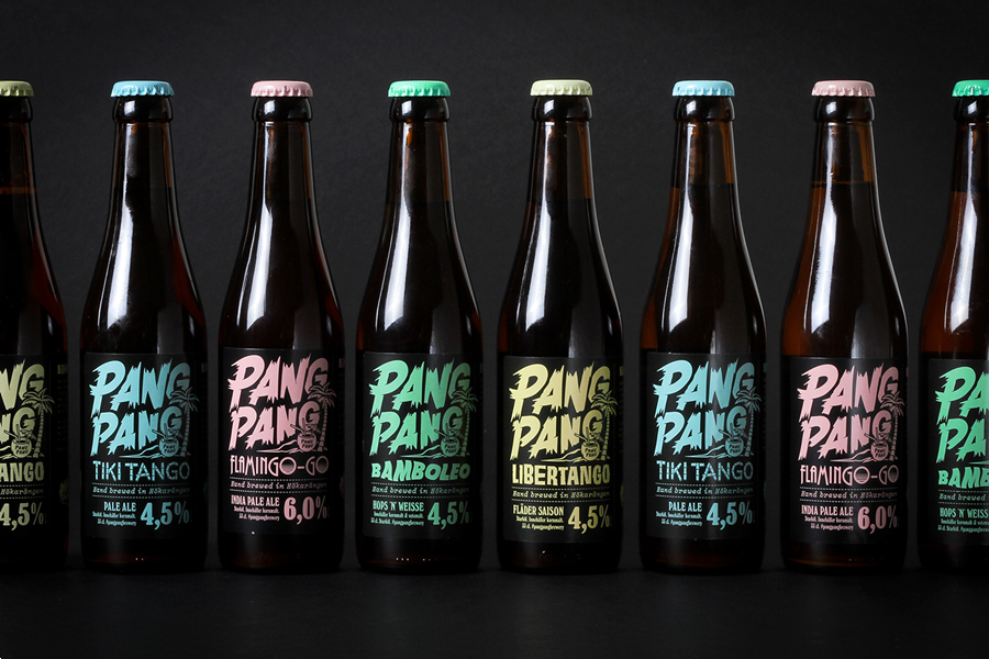 Packaging with custom lettering designed by Swedish design company Snask for microbrewery PangPang's 2014 summer beers