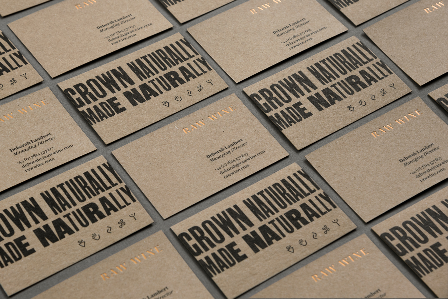 Logotype, letterpress business cards, stationery and brochures by The Counter Press for international wine fair Raw Wine