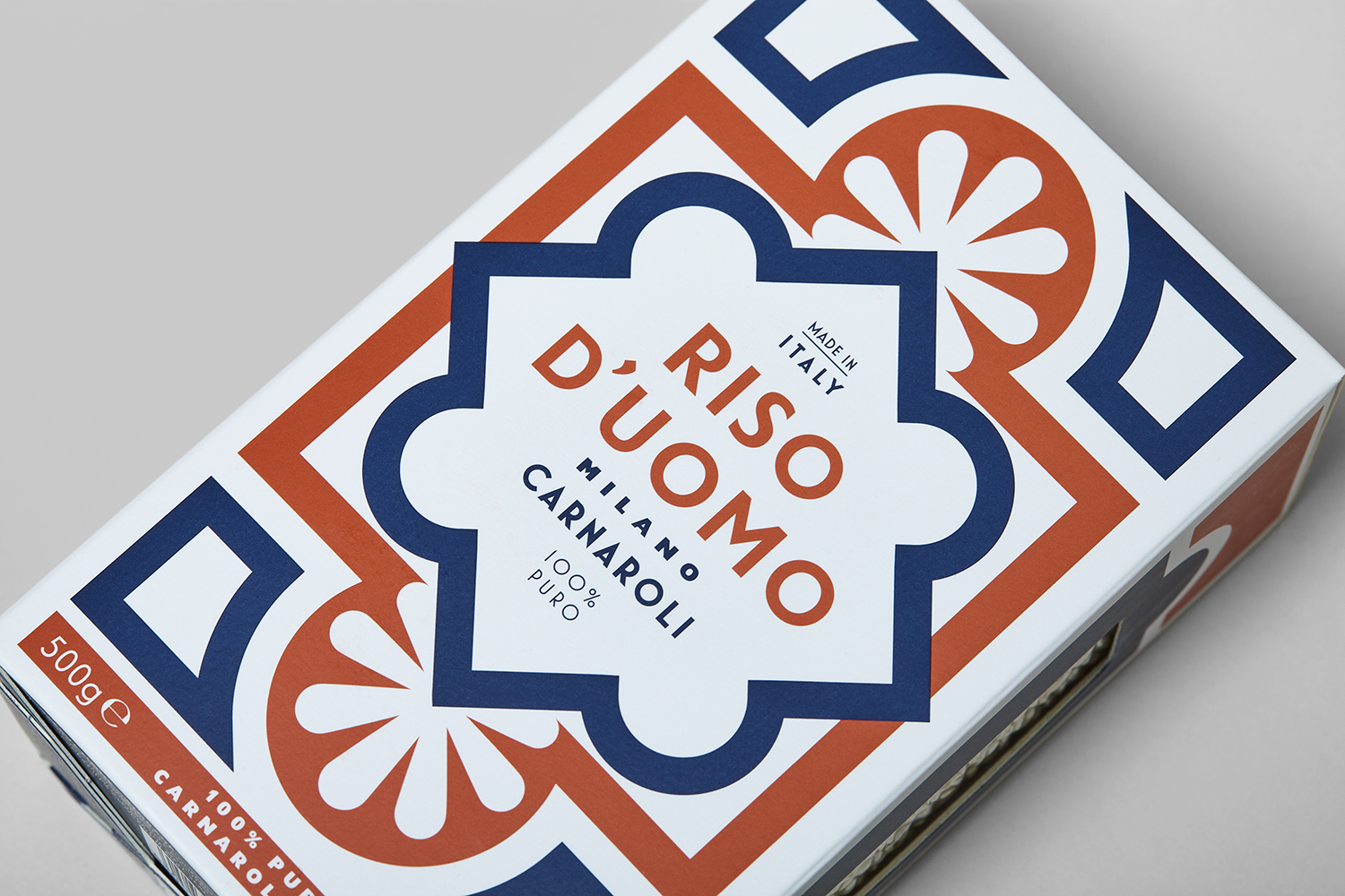 Branding and packaging by London-based Here Design for Milanese artisan rice brand Riso D'uomo