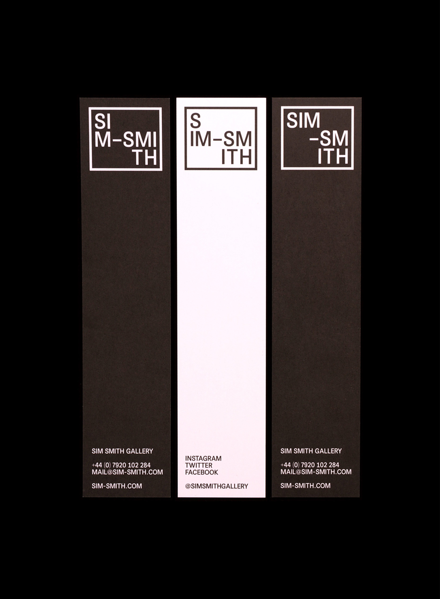 Logo and bookmarks with black board and white ink detail designed by Spin for British contemporary art gallery Sim Smith