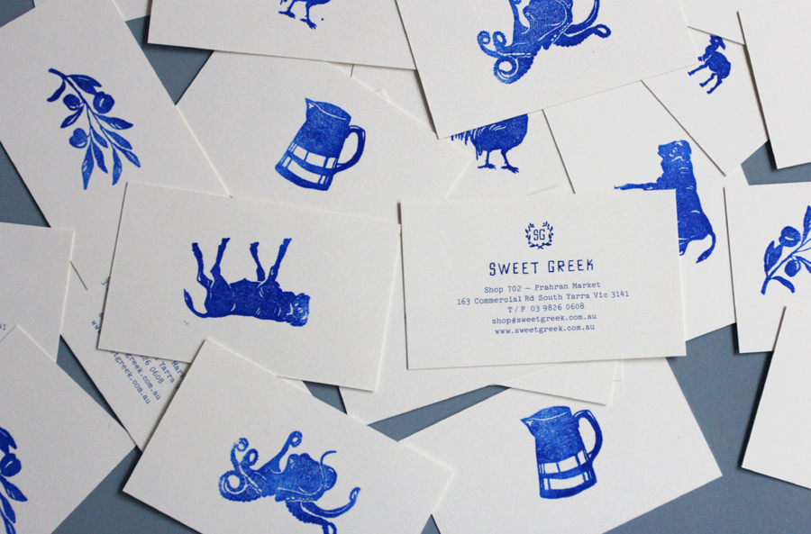 Logo, business card and illustrative detail for Melbourne food store Sweet Greek designed by Studio Bravo and Elise Lampe 