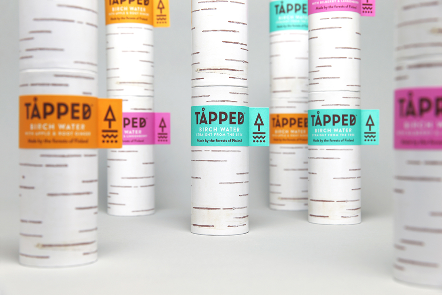 Logo, brand identity and package design by UK based Horse for flavoured birch water brand Tapped