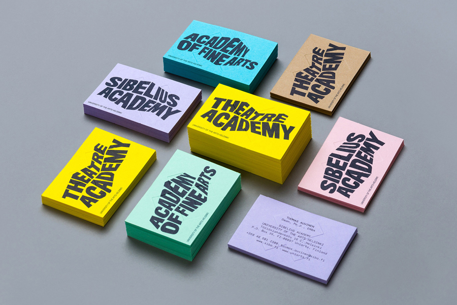 Business card design with pastel coloured board and blind emboss detail by Bond for University of the Arts Helsinki