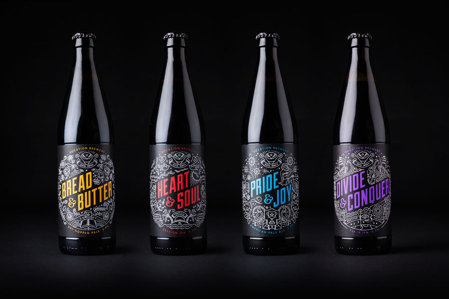 Illustrated packaging design by Robot Food for British craft beer brewery Vocation.