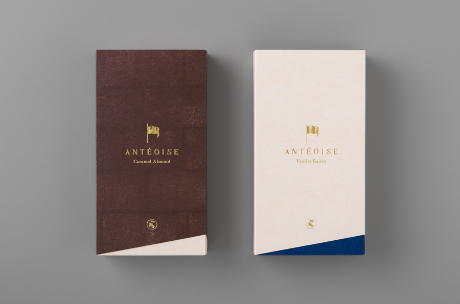 Packaging with gold foil detail for Anténor's creme dacquoise range Antéoise designed by UMA