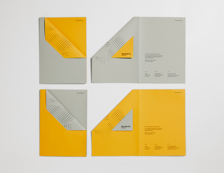 Invitations with block foil, die cut and folded detail by Grosz Co. Lab for architectural practice Ascui & Co.