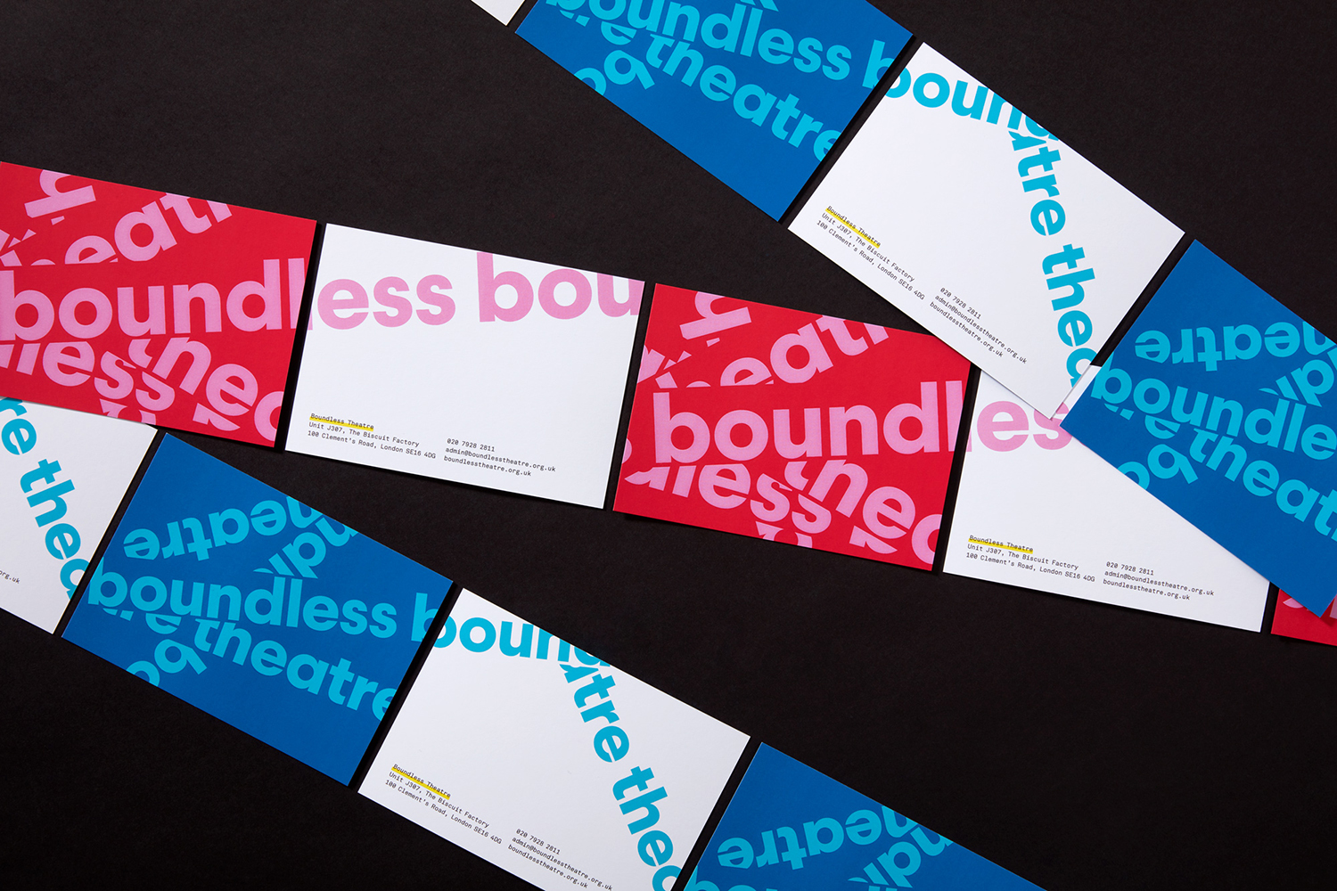 Logotype, posters, programme, business cards and website by London based studio Spy for Boundless Theatre
