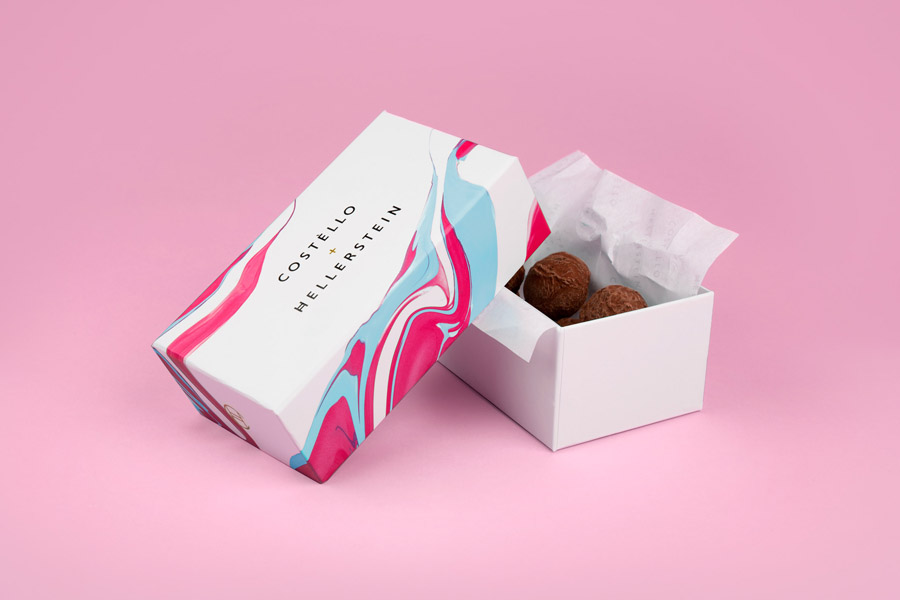 New logo and packaging design by Robot Food for artisanal chocolate truffle business Costello + Hellerstein