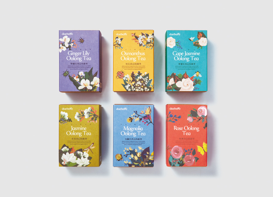 Illustrated packaging with gold foil print finish developed by Victor Design for tea brand Daebeté's new floral Scented Tea range