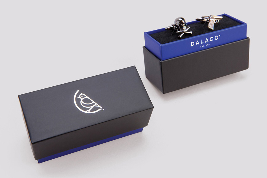 Logo and packaging with silver foil detail designed by Believe In for cufflink and accessory business Dalaco