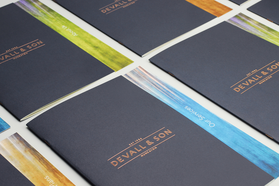 Logotype and brochure with coloured card and copper foil detail by Parent for funeral director Devall & Son