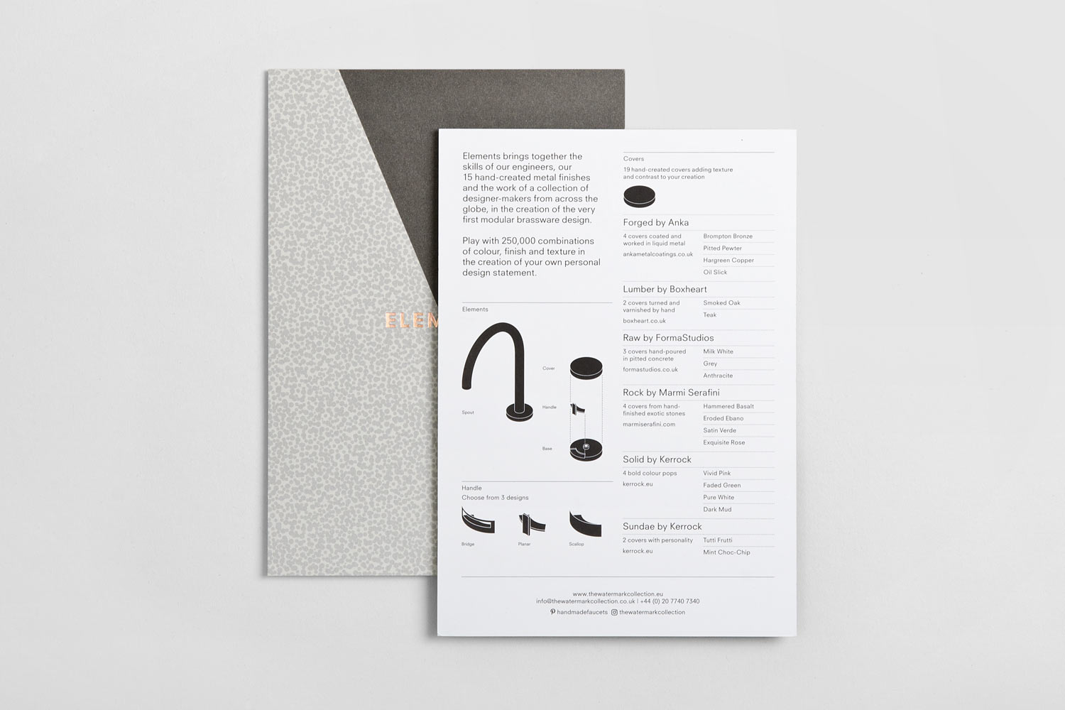 Visual identity and brochure covers for tap and spout range Elements from Brooklyn-based brassware business The Watermark Collection by dn&co.