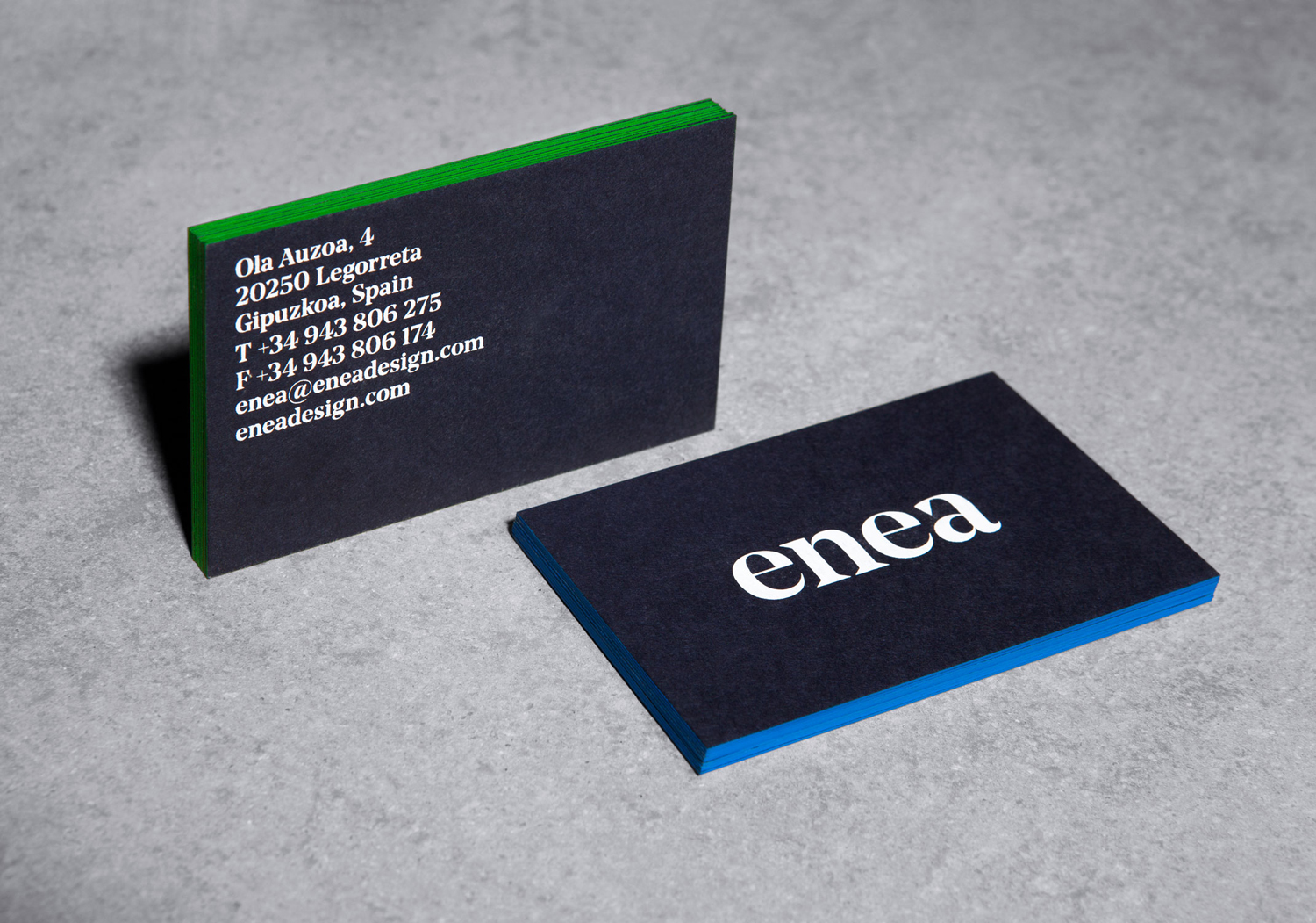 Edge painted business cards for furniture design and manufacturing business Enea designed by Clase bcn 
