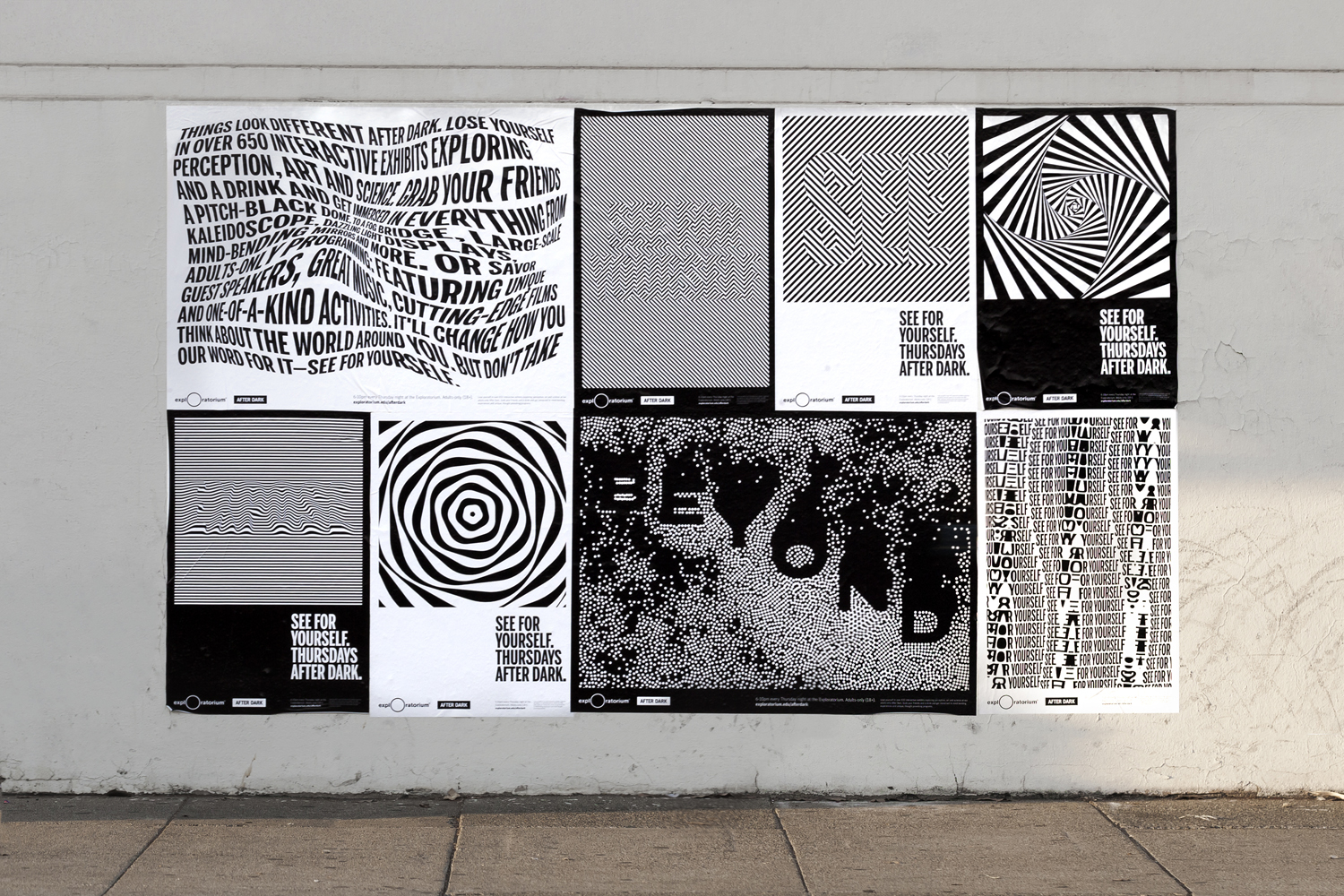 Visual identity and campaign poster by Collins for Exploratorium's After Dark, a weekly adults-only museum experience of perception