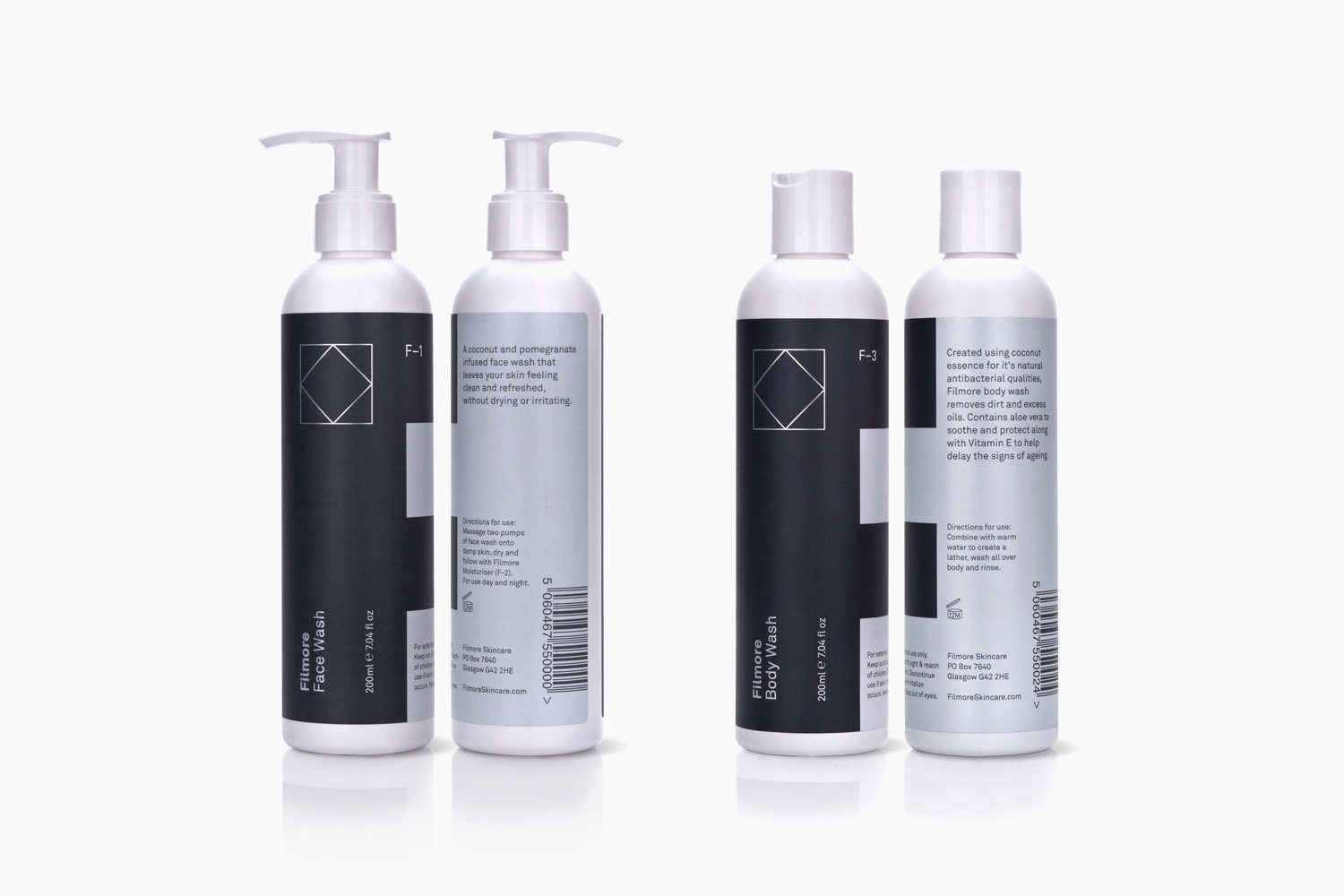 Logo, brand identity and package design by Glasgow-based Freytag Anderson for Scottish unisex skincare range Filmore