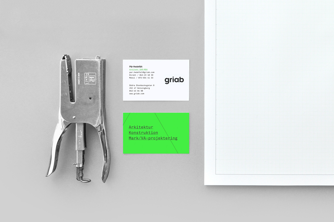 Business card with fluorescent green print treatment for architecture and engineering firm Griab designed by Kollor