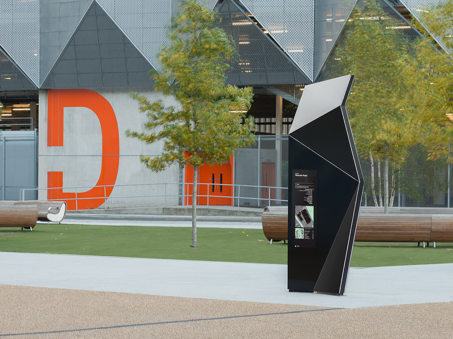 Wafinding system and signage designed by dn&co. for commercial space and tech hub Here East