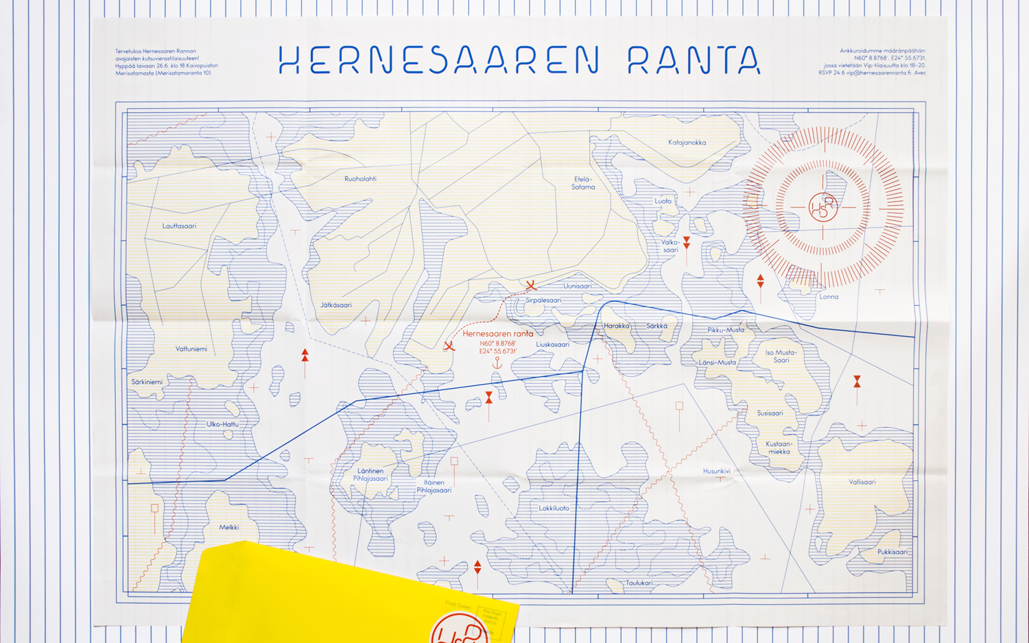 Brand identity and map for Finnish seaside area Hernesaaren Ranta by graphic design studio Werklig