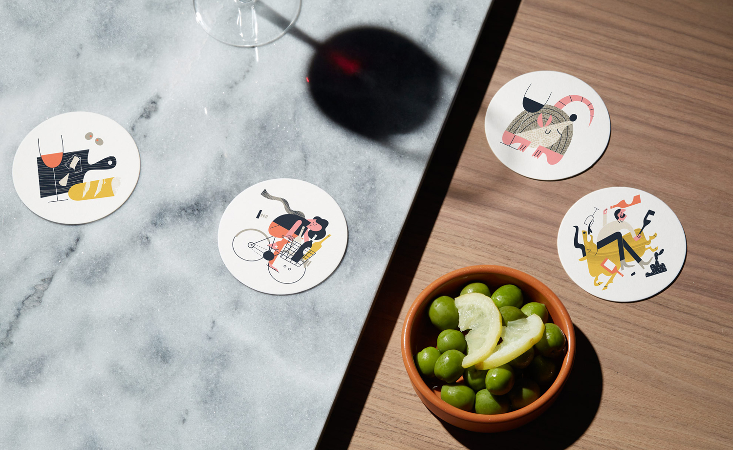 Brand identity and coasters designed by Conductor featuring illustration by Tom Froese for High Street Wine Co, a wine bar and shop located in San Antonio's Pearl neighbourhood